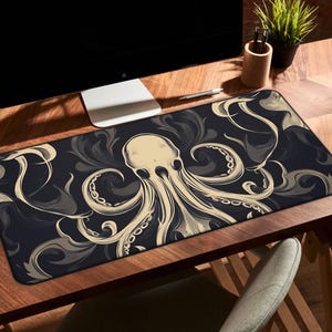Dark Octopus Desk Mat, Nautical Gothic Mouse Pad, Kraken Tentacle Desk Decor, Mythical Sea Creature Mat, Pirate Desk MousePad 0079