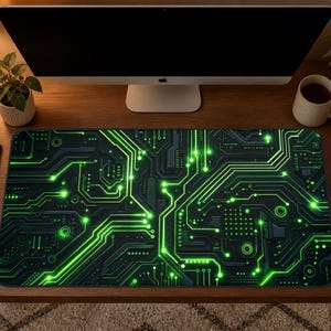 May include: A rectangular desk mat featuring a dark gray and black background with a vibrant, glowing neon green circuit board pattern. The design displays intricate lines, nodes, and geometric shapes that mimic the appearance of electronic hardware.