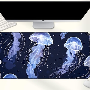 Jellyfish Desk Mat, Glowing Ocean Mouse Pad, Deep Sea Sea Life Desk Decor, Dark Blue Nautical Gift for Marine Animal Lovers 0254