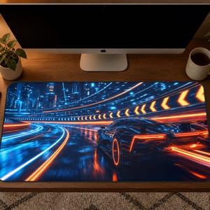 Cyberpunk Racing Car Desk Mat, Synthwave Neon City Large Mouse Pad, Futuristic Supercar Deskpad, Cool Tech Gift for Gamer Boyfriend 0508