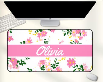 Custom Pink Floral Desk Mat with Name, Personalized Flower Mouse Pad, Large Office Desk Pad, Spring or Summer Gift for Her 0400