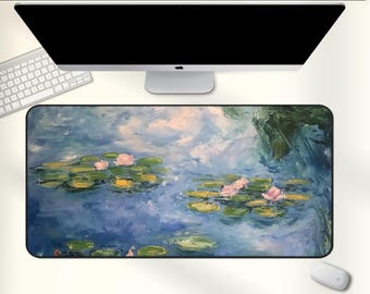 Monet Water Lilies Desk Mat, Impressionist Art Mouse Pad, Claude Monet Painting Office Decor, Pastel Blue Floral Gift for Artists 0251