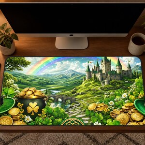 May include: A rectangular desk mat featuring a vibrant landscape illustration of a stone castle on a green hill, a rainbow in the sky, and a black pot filled with gold coins decorated with a gold shamrock in the foreground among clover leaves.