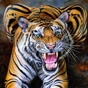 Year of the tiger 2022! Celebrate Lunar New Year Fine Art print &#39;Don&#39;t come any closer&#39; by Claudia Hahn, big cat snarling growling Tiger