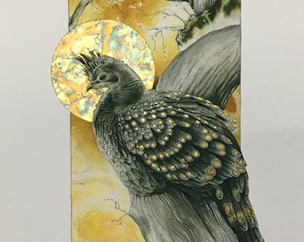 May include: A watercolor painting of a bird with black and gold feathers perched on a branch. The bird is surrounded by a golden halo and a background of brown and yellow branches.