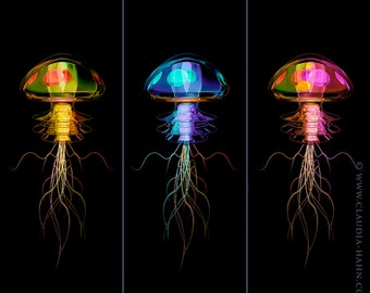 Triptychon 'What lies beneath?' - jellyfish deep sea creatures by Claudia Hahn