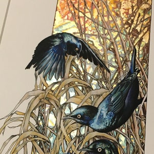 Limited edition Fine Art Print - &#39;The Fancy Flight Squad&#39; hand gilded, gold leaf glossy starlings, perfect personal gift, hand embellished