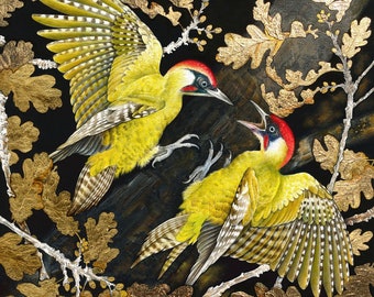 Limited edition Fine Art Print - 'Intruder Alert!' (Green Woodpeckers) by Claudia Hahn, hand gilded.