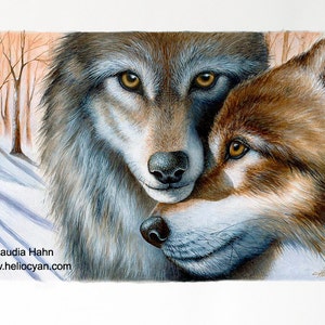 PRINT 'A Winter's Tale' / Wolves white winter friendship Love Wall Art, Lovebugs, Huskies puppy love image 2