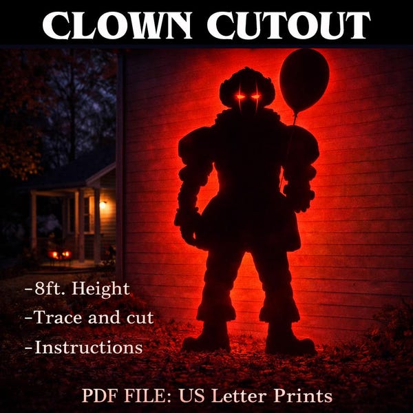 DIY Halloween Decor – 7ft Sewage Clown Silhouette – Life-Size Printable Trace & Cutout Stencil – PDF