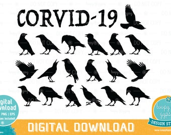 Op de afbeelding: Een digitale download van 19 kraaien-silhouetten in zwart, perfect voor knutselprojecten. De tekst "CORVID-19" staat bovenaan de afbeelding.