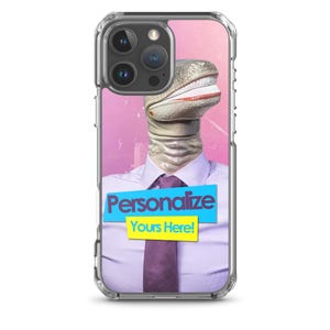 Puede incluir: Funda de teléfono transparente con una cabeza de reptil que lleva una camisa blanca y una corbata morada. La imagen tiene el texto "Personalize Yours Here!" sobre un fondo azul y amarillo. El fondo es un degradado rosa y morado.