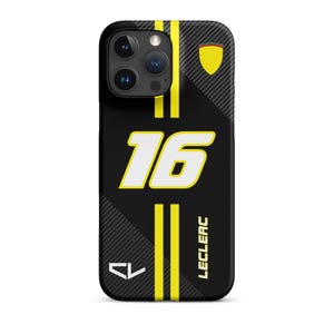 May include: Black phone case with yellow vertical stripes and the number 16 in white. The case features a yellow shield emblem and the name "LECLERC" in white. A carbon fibre texture covers the back.
