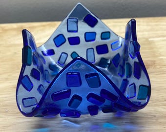 Fused Glass Blue Mosaic Candle Holder Optional Beeswax Candle