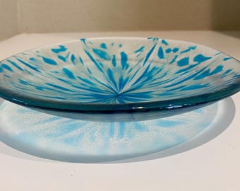 Fused Glass Starburst Bowl Blue Green Clear