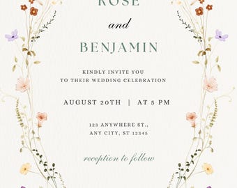 Canva Beautiful Floral Wreath Wedding Invitation, Spring & Summer Wedding, Outdoor Garden Wedding, Elegant, Dainty Wedding Invitation