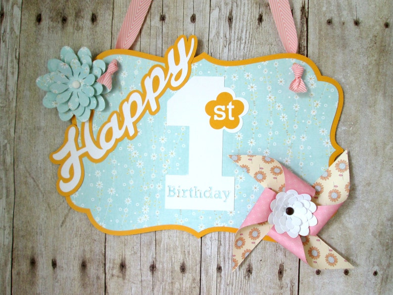 First Birthday Sign Front Door Photo Prop Party Pinwheels Banner High Chair Decoration 1st
