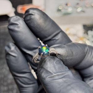 Beautiful dark blue green opal silver ring