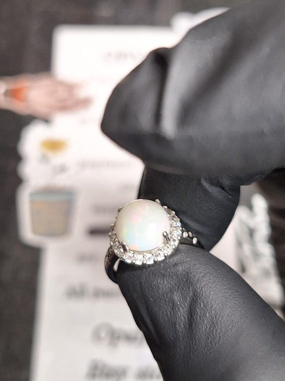 Beautiful White Honeycomb Opal Silver Diamond Ring