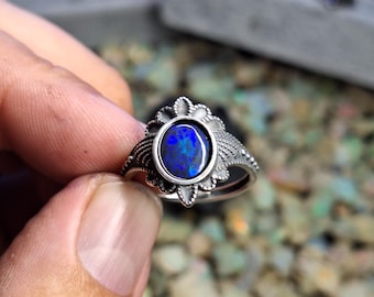 Beautiful black australian opal silver ring