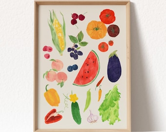 Summer Produce Giclee Art Print: Colorful Kitchen Farmers Market Illustration, Vegetable & Fruit Wall Art