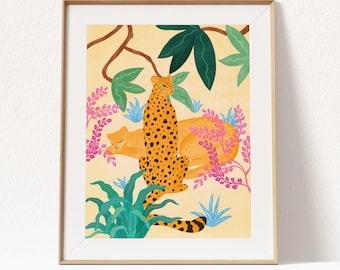 Stampa artistica Giclée Two Panthers – Illustrazione della giungla, giocosa arte murale raffigurante animali selvatici, decorazione per la cameretta dei bambini