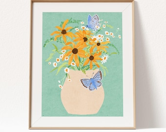 Butterfly Wildflower Giclée Art Print: Colorful Botanical Garden Illustration