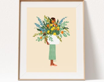 Woman with Flower Pot Giclee Art Print - Colorful Botanical Illustration, Feminine Nature Wall Decor, Perfect Gift for Her