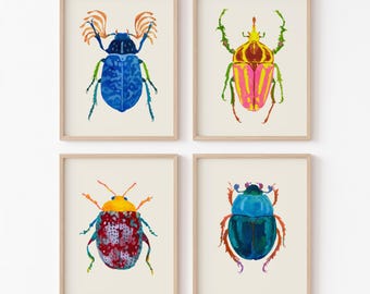 Beetle Giclée Art Print Set: Vibrant Gouache Watercolor Insect Wall Decor, Kids Room Poster