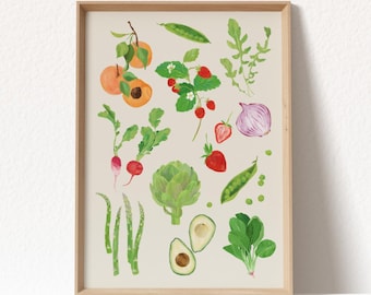 Spring Produce Giclée Art Print: Farmers Market Kitchen Decor