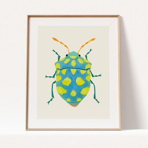 Turquise Beetle Art Print: Colorful Gouache & Watercolor Insect Painting
