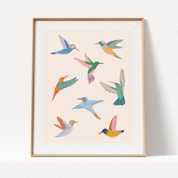 Hummingbirds Wall Art Print - Colorful Bird Decor for Nature Lovers, Giclée Quality Home Artwork, Vibrant Wildlife Illustration