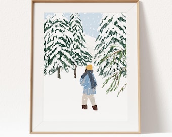 Winter Walk Print, Snowy Pine Trees Landscape Wall Art, Christmas Forest Painting