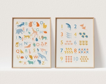 Alphabet and Numbers Giclee Posters: Colorful Kids Room Wall Art, Educational Illustration