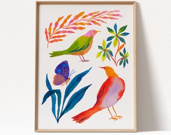 Colorful Watercolor Bird Giclee Art Print: Abstract Botanical Gouache & Watercolor Painting