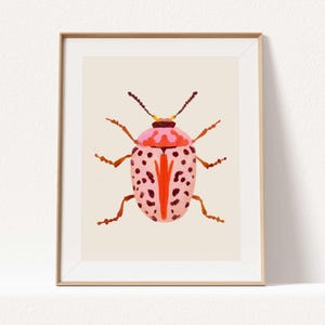 Pink Beetle Art Print: Colorful Gouache Insect Painting