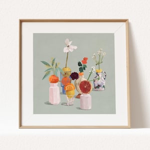 Citrus & Flowers Still Life Art Print: Modern Kitchen Decor