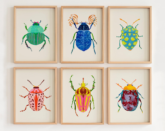 Watercolor Beetle Giclée Art Print Set: Colorful Insect Wall Decor, Hand-Drawn Gouache Illustration