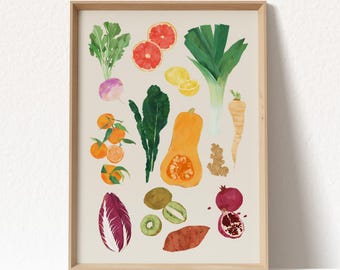 Winter Produce Giclee Art Print: Colorful Kitchen Fruits & Vegetables Wall Decor