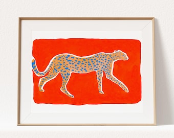 Cheetah Giclée Art Print: Vibrant Orange Wildlife Gouache Painting, Modern Minimal Wall Art
