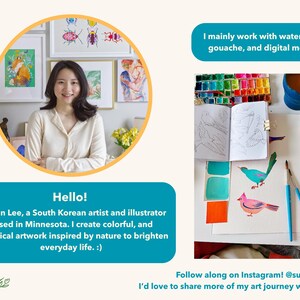 Op de afbeelding: Een promotionele afbeelding met een kunstenaar in een cirkelvormig kader, met tekstvakken die zeggen: Hello! I'm Sun Lee, a South Korean artist and illustrator based in Minnesota. I create colorful, and whimsical artwork inspired by nature to brighten everyday life. :) I mainly work with watercolor, gouache, and digital media. Follow along on Instagram! @sunlee_art I'd love to share more of my art journey with you! Sunlee Shop.
