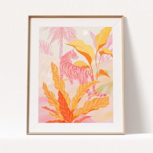 Pink Jungle Tiger Giclee Print | Tiger Print | Tranquil Wildlife, Peaceful Nature Wall Art | Jungle Illustration