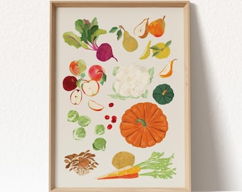 Fall Produce Giclée Art Print: Seasonal Kitchen Decor, Farmers Market Illustration