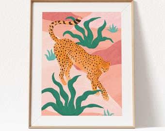 Gepard Giclée-konsttryck – Nyckfull väggkonst med stor katt, färgglad flickrumsdekoration