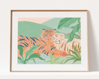 咆哮する虎の水彩画、ジャングルの動物アートのジクレー版画 - Etsy 日本