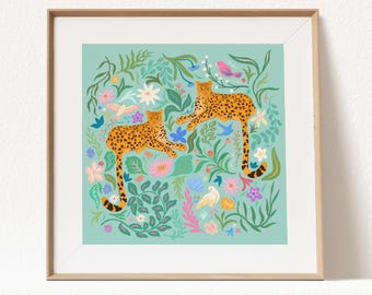 Impresión artística giclée de guepardos y flores / Arte mural con pájaros, flores y decoración natural para habitación infantil