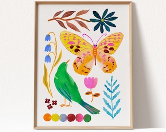 Gicleekunstdruk aquarel vogel en vlinder: levendige botanische gouache-muurdecoratie