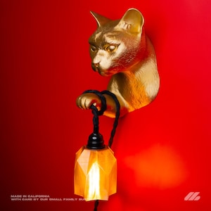 Gold Cat Wall Sconce — 3D Printed Handcrafted Lamp | Animal Light Sculpture Cat Lovers Decor
