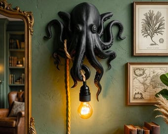 Black Octopus Sconce - Nautical Art Wall Lamp  - Coastal Home Decor - Animal Lighting Gift