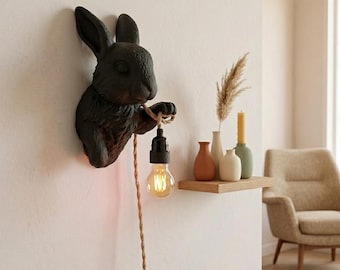 Bunny Head Wall Lamp | Black Rabbit Hanging Decor | Modern Animal Art Lighting